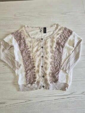 BKE Women’s Cream Crochet Textured Lace Knit Button Up Sweater M